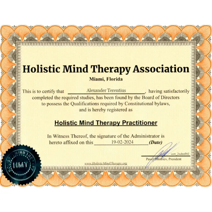 Сертификат Holistic Mind Therapy Association, 2024